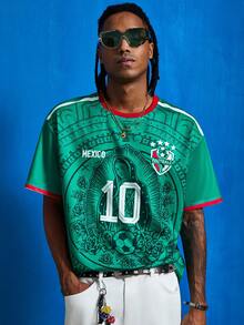 Manfinity Denimwave Retro Totem Fußballtrikot mit mexikanischem Maya-Blume Muster, Kurzarm #9 Spielerversion, Kontrast-Rundhals-Fußballtrikot, lässiges Fußball-Trainings-T-Shirt, Herren Grafik-T-Shirt, Damen Grafik-T-Shirt, Herren modischer Sportoberteil, Fußball/Fußball-Ausrüstung - Verschiedenfarbig - Übersicht 1