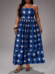 Rustia 休閒優雅復古可愛度假風無袖細肩帶收腰A字波點仿丹寧女士法式風長版拖地夏季大尺碼女裝洋裝 - 藍色 - 查看 4