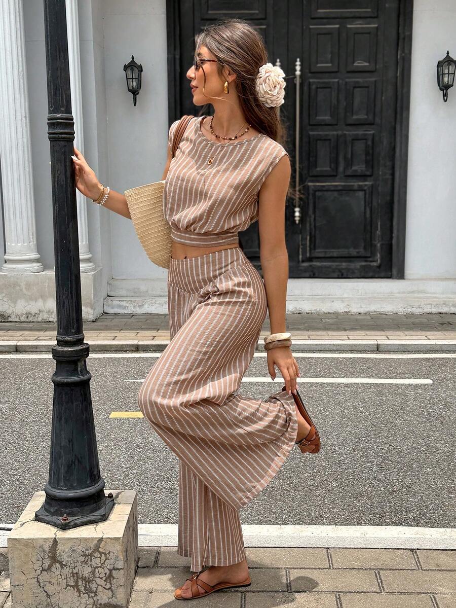 Serisse Women's Vacation Casual Tropical Brown Striped Tank Top And Long Pants 2 Pieces Set Summer Beach - Brown - View 1