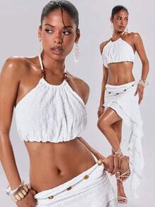 ROMWE Y2K Ensemble de 2 pièces pour femmes : Jupe asymétrique à bretelles nouées, dos nu, en tricot jacquard blanc, romantique et sexy pour les vacances - Blanc - Voir 11