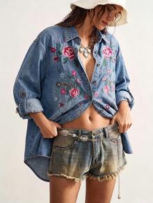 Bohemela Women's Vacation Casual Boho Floral Embroidered Shirt Vacation Blue Floral Summer - Baby Blue - View 8