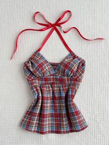 SHEIN EZwear 美式辣妹風復古紅格紋同色織帶條紋面飾夏季修身顯瘦俏皮時尚極簡性感女款背心上衣 - 彩色 - 查看 1