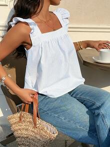 Serisse Women's Vacation Striped Square Neck Short Cap Sleeve Casual Shirt - Blue and White - View 2
