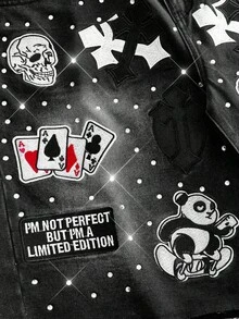 ROMWE MEN Men's Embroidered Gothic Hip Hop Pocket Denim Shorts - Black - View 2