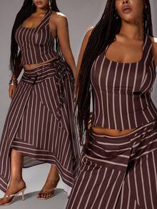 Rustia Plus Size Women Summer 2-Piece Set: Striped Halter Crop Top And Asymmetric Hem Skirt - Multicolor - View 1
