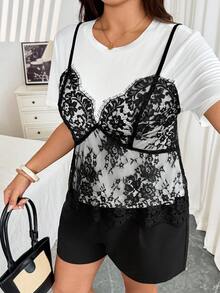 Vionelle Women's Plus Size Short Sleeve T-Shirt With Lace Straps And Ruffles, Elegant Exquisite Apparel, Vacation Commuting, Wedding Guest - Black and White - View 4