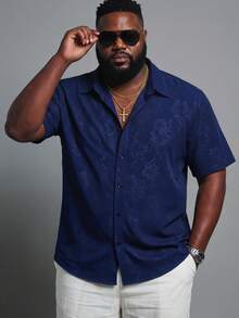 KRYTIVO Plus Size Men's Navy Blue Floral Print Front Button Short Sleeve Shirt - Navy Blue - View 1