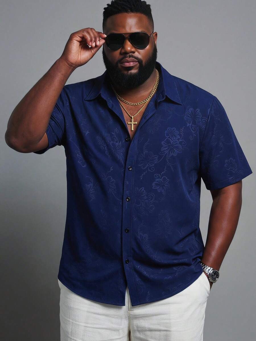 KRYTIVO Plus Size Men's Navy Blue Floral Print Front Button Short Sleeve Shirt - Navy Blue - View 1