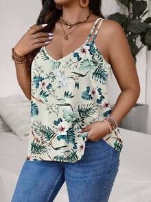 SHEIN VCAY Casual Vacation Vintage Floral Print Plus Size Women's Cami Tank Top, Outing Top, Summer Sleeveless Top, Sexy, Music Festival - Multicolor - View 3