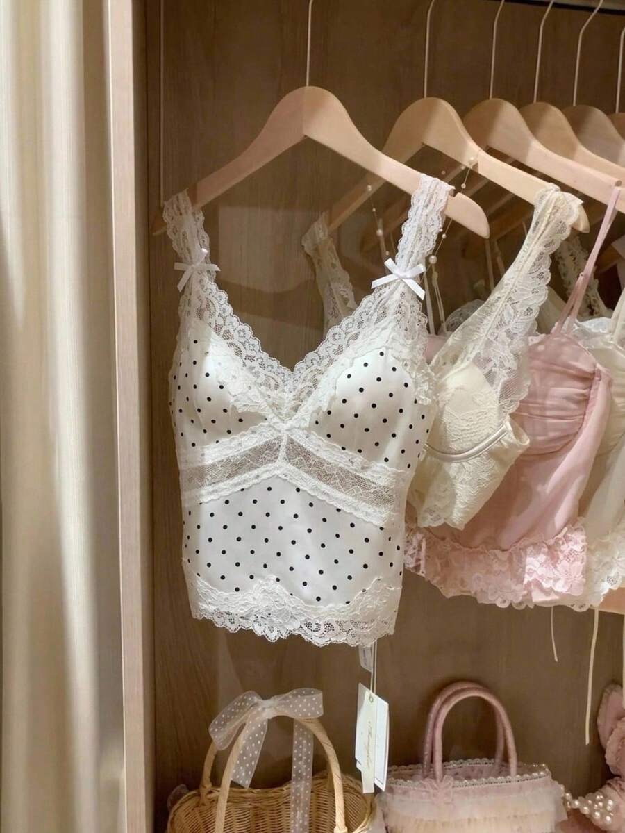 CovetEZ 女士波点印花蕾丝拼接蝴蝶结装饰吊带背心 - 黑與白 - 查看 1