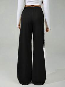 SHEIN Tall 女款彈性腰側條紋寬腿寬鬆休閒運動長褲，返校季，高個女性適用 - 黑與白 - 查看 2