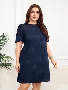 Reflora Plus Size Women's Jacquard Round Neck Short Puff Sleeve Elegant Dress - Navy Blue - View 4
