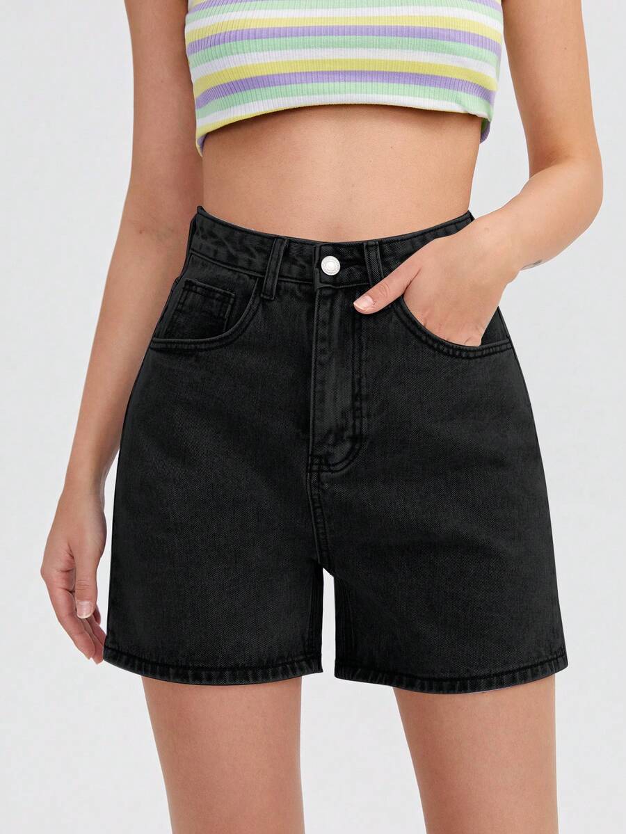 SHEIN EZwear 女款高腰口袋休閒百搭牛仔短褲 - 黑色 - 查看 1
