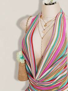 SHEIN ICON Vestido halter sexy con cuello de volantes a rayas para mujer de talla grande - Multicolor - Ver 5
