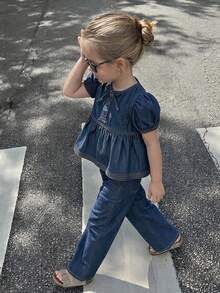 Hapijoa Young Girl Short Puff Sleeve Bow Decor Top And Pants Denim Set Fall - Navy Blue - View 6