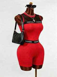 BamGleam Bodysuit Sexy de Malha com Recortes, Ajustado, Sem Mangas, Decoração com Letras, Alta Elasticidade, Modelador, Estilo Hot Girl, Shorts Macacão - Vermelho - Visão 5