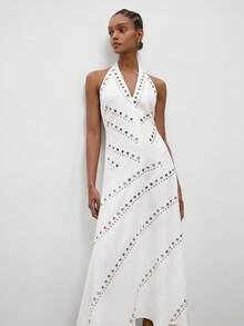Maija Women's Long A-Line Halter Neck V-Neck Sleeveless Waist-Defining Fitted A-Line Vacation Dress - White - View 6