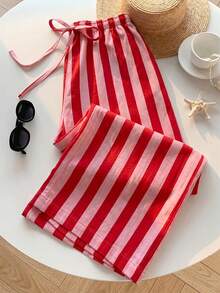 SHEIN EZwear 女款休閒腰綁帶直筒長褲，彩色條紋，街頭風，適合日常通勤、約會、派對、秋冬春夏、聖誕節、新年、感恩節、婚禮、海灘、畢業典禮，時尚優雅休閒，適合外出約會通勤 - 彩色 - 查看 4