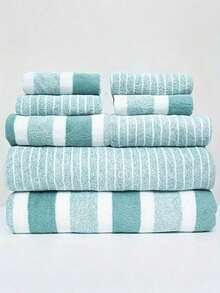 1 Set Handuk Mandi dan Handuk Cuci Wajah 8 Buah, Lembut Bergaris untuk Kamar Mandi Rumah dan Mencuci Wajah, Handuk Mandi dan Handuk Cepat Kering - MultiWarna - View 14