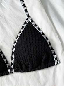 SHEIN 青少年女孩海灘度假花卉飾邊掛脖式泳衣套裝 - 黑與白 - 查看 3