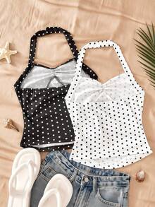 SHEIN Sparklyn 两件套少女黑白波点露背短款上衣套装，采用经典的黑白波点配色，精致的荷叶边饰边和收腰设计，适合日常穿着、家庭出游、休闲聚会等场合。 - 黑與白 - 查看 2