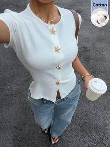 Muchica Women's Metal Starfish Decor Short Sleeve Casual Knit T-Shirt - White - View 5