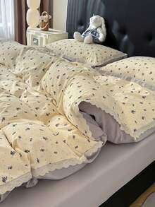 Cirelle 3pcs Vintage Blue Floral Duvet Cover Set With Lace Trim, Shabby Chic Butter White Bedding Set, Soft Microfiber Quilt Cover And Pillow Shams, Cottagecore Bedroom Decor (No Insert) - 5 - View 11