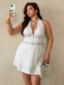 Auralis Deep V-Neck Plus Size Fitted Waist A-Line Bohemian Resort Mini Dress/Plus Size Dress/Backless - Apricot - View 6