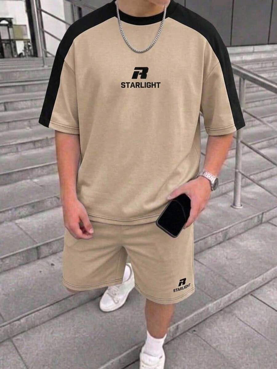 SHEIN 男童休闲简约撞色印花短袖圆领T恤，适合夏季穿着 - 彩色 - 查看 1
