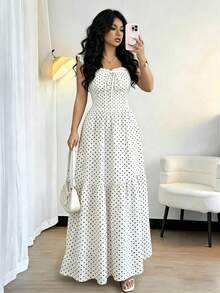 Rafferiza Women's Summer Polka Dot Print Waist-Cinched Dress Suitable For Daily Wear - White - View 4