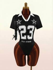 Amplova Digital Print Polo Collar Jersey Bodysuit - Black - View 1