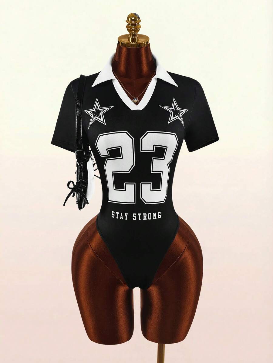 Amplova Digital Print Polo Collar Jersey Bodysuit - Black - View 1