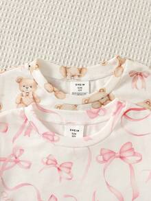 SHEIN Tween女孩休閒簡約修身舒適圓領短袖長褲居家服套裝，適合春夏，貼身剪裁，4件/套，甜美可愛愛心印花與花卉印花居家服套裝 - 淺粉色 - 查看 5