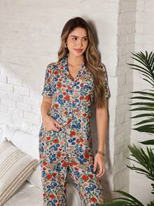 Serenescape Floral Print Lapel Short Sleeve Long Pants Pajama Set - Multicolor - View 5