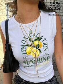 Siren Gaze Casual Tropical Minimalist Vacation Style Lemon Letter Vintage Print 95 Cotton All-Match Women's Tank Top Suitable For Spring And Summer White - White - View 5