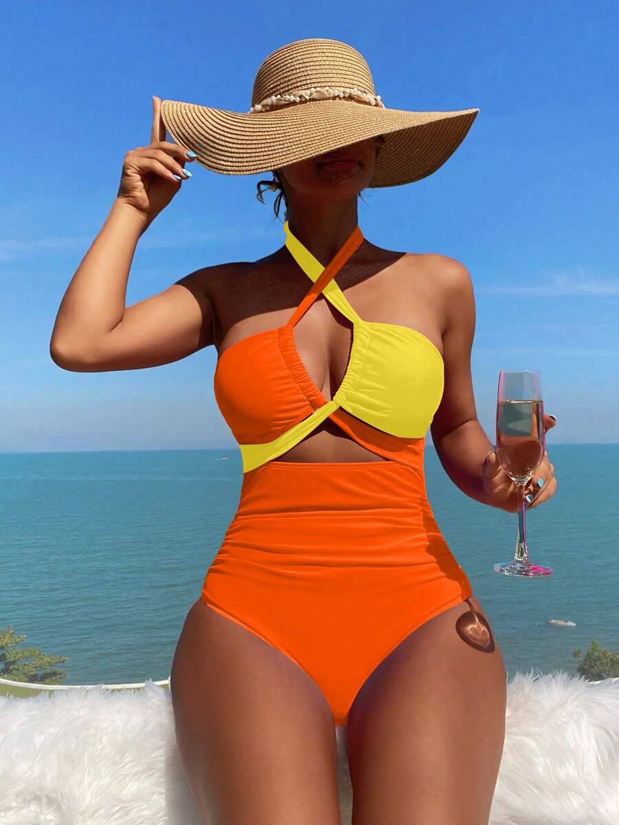 Swim Vcay Đồ bơi một mảnh nữ phối màu cut-out gợi cảm đan chéo cho đi biển - Nhiều màu - Xem 1