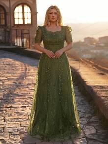 Glamrae Plus Size Elegant Romantic Champagne Square Neck Short Sleeve Sheer Rhinestone & Pearl Embellished A-Line Evening Gown For Wedding Party Celebration Formal Occasion Event (Intricate Design) - Army Green - View 6