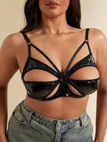 SHEIN BAE CURVE 大码女士纯色镂空钢圈薄杯舒适文胸内衣 - 黑色 - 查看 1