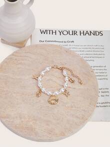 Enchnt 1pc Women's Simple And Fashionable Seashell Starfish Faux Pearl Bracelet For Daily Wear And Beach - Yellow Gold - View 4