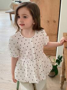 DAZY Kemeja Anak Perempuan Lengan Pendek Kerah Bulat Motif Polkadot dan Patchwork - Khaki - View 8