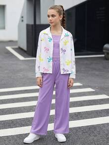 SHEIN 3件組女孩甜美休閒套裝，可愛彩色蝴蝶結印花翻領長袖鈕扣襯衫、紫色修身背心、柔軟寬腿長褲，柔軟面料，優雅百搭居家服，適合學校、野餐、日常、居家、戶外、派對、生日、假期，春夏秋冬時尚套裝，適合大女孩/青少年女孩 - 紫色 - 查看 7