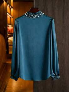 Modelyn Elegant Solid Color Ruffle Collar Long Sleeve Fitted Regular Fit Plus Size Blouse For Spring And Autumn Fall - Blue - View 2