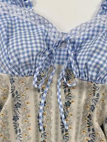 Sunspun Plus Size Spring/Summer Plaid Patchwork Floral Short Sleeve A-Line Ruffle Blouse Shirt Vacation Light Blue 90s - Blue - View 3