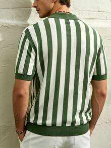 Airaco Men's Polo Collar Vertical Striped Pattern Knit Short Sleeve Vacation Green Stripe Summer Casual - Green - View 2