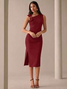 Lilora Dark Red Women's Solid Color Asymmetric Neckline Sleeveless Mid-Length Dress Summer Urban Style Sexy Mature Elegant Wedding Dinner Night Cocktail - Burgundy - View 4