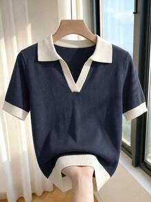 Franclia Women's Spring/Summer Colorblock Simple Casual Polo Collar Short Sleeve Slim Fit Knit Top, Suitable For Daily Wear, Vacation, Spring, Elegant Women's Casual Versatile Turn-Down Collar Short Sleeve Knit Top, Summer - Royal Blue - View 1