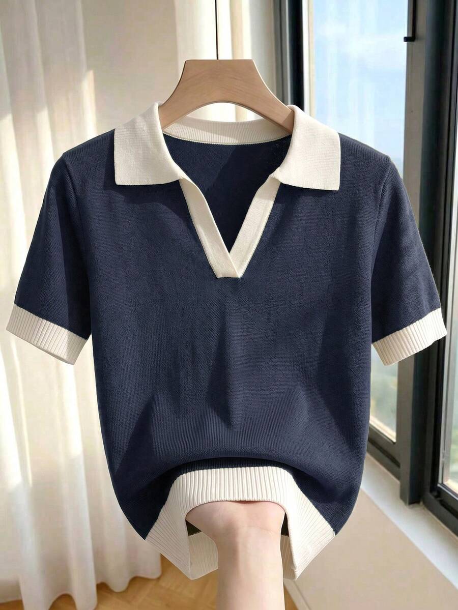 Franclia Women's Spring/Summer Colorblock Simple Casual Polo Collar Short Sleeve Slim Fit Knit Top, Suitable For Daily Wear, Vacation, Spring, Elegant Women's Casual Versatile Turn-Down Collar Short Sleeve Knit Top, Summer - Royal Blue - View 1