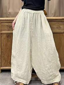 SHEIN Holidaya Apricot Cinched Waist Loose Split Patchwork Trousers, Holiday, Vacation, Island Vacation - Khaki - View 3