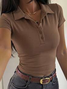 DAZY 女款翻領短袖修身內搭層極簡性感休閒套頭街頭風T恤 夏季 - 棕色 - 查看 5