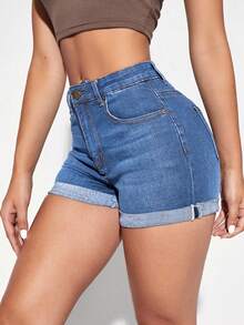SHEIN Essnce 女款口袋捲邊休閒百搭牛仔短褲 - 藍色 - 查看 4